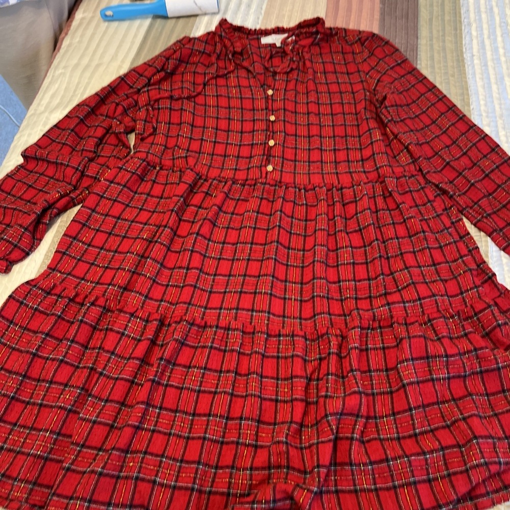 Loft Red Plaid Tiered Metallic Dress Petite M Women NWT Holiday Fit & Flare